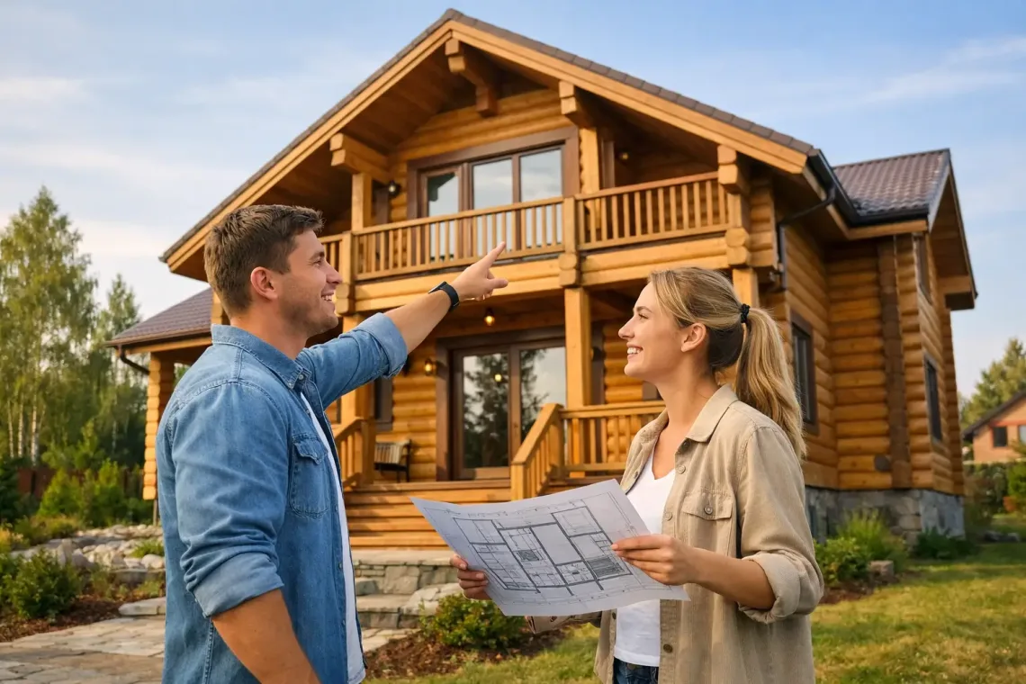 Пара обсуждает деревянный загородный дом на участке в Московской области