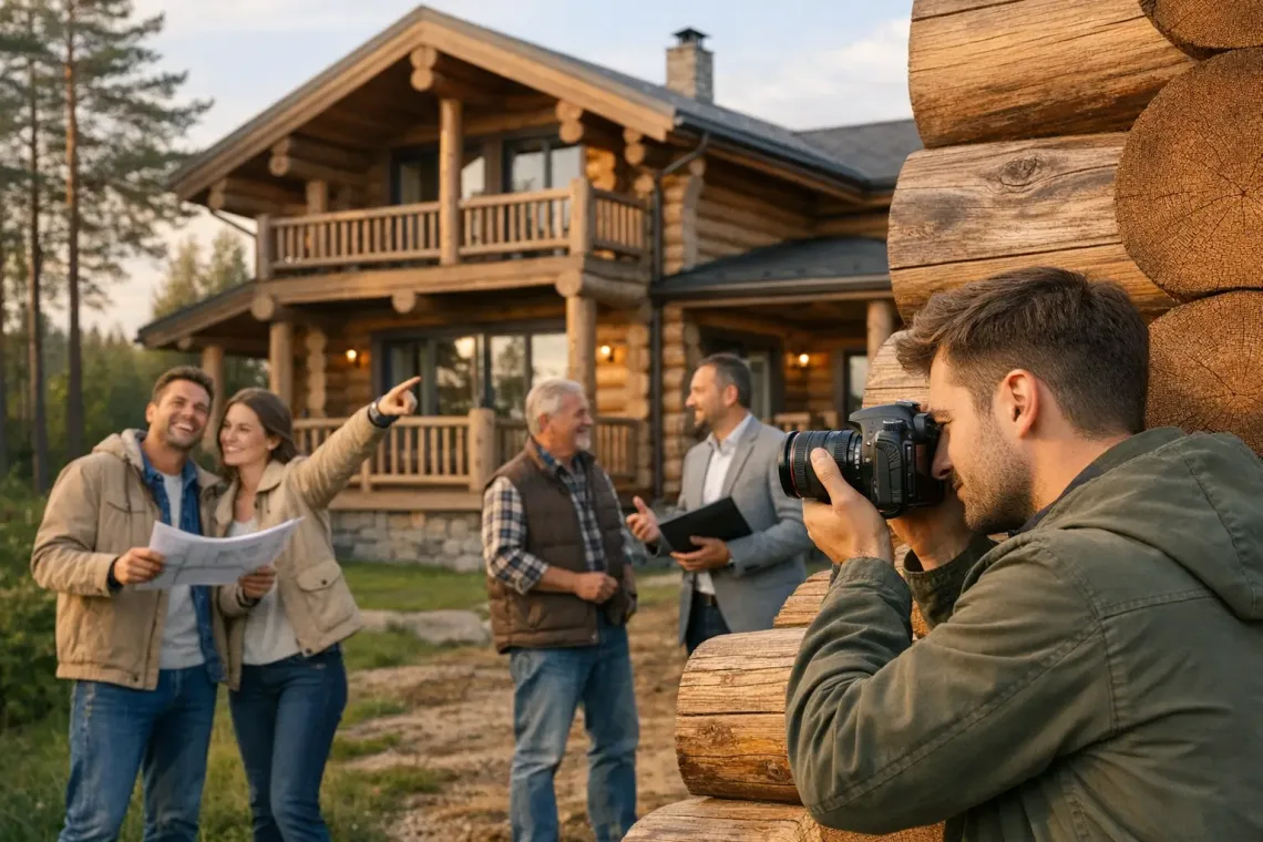 Деталь бревенчатого деревянного дома крупным планом