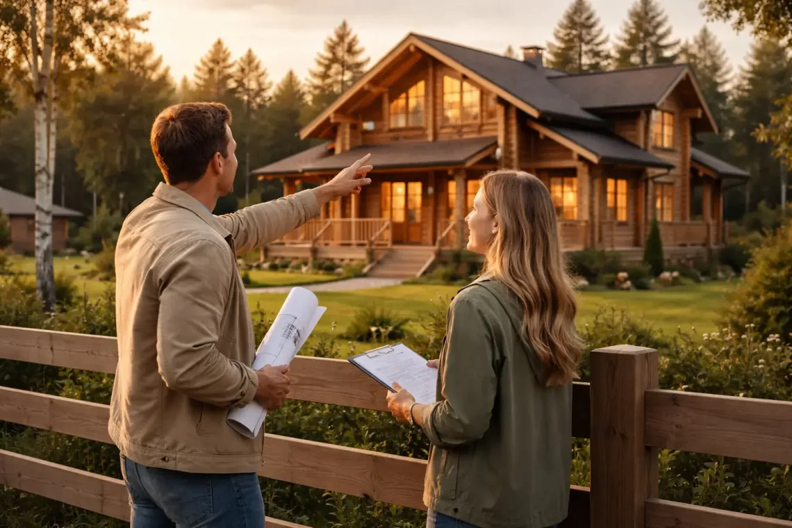 Обсуждение загородного дома на участке вечером
