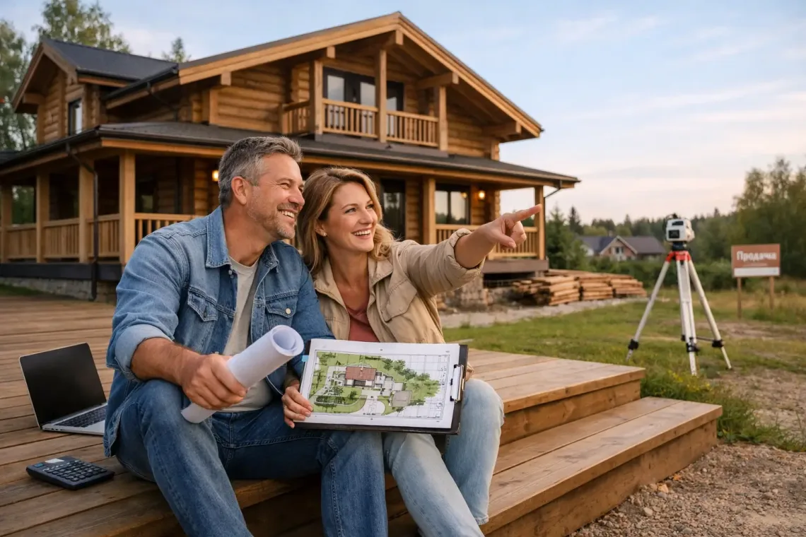 Владельцы отдыхают у деревянного загородного дома