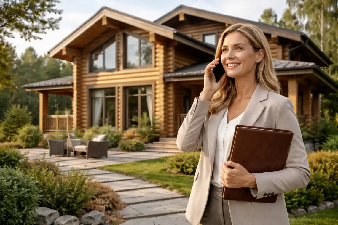 Деловой разговор на фоне загородного деревянного дома