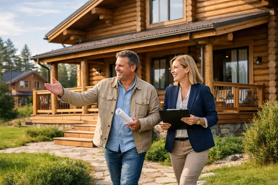 Прогулка и обсуждение загородного деревянного дома
