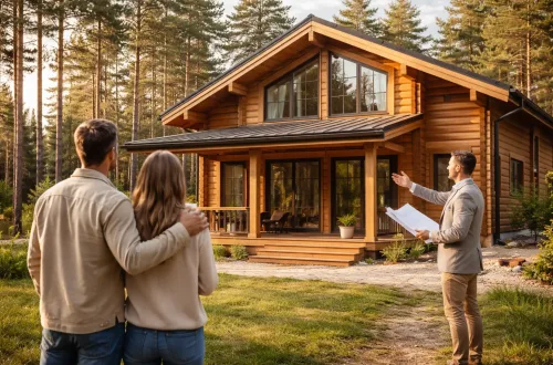 Человек оценивает загородный деревянный дом и участок