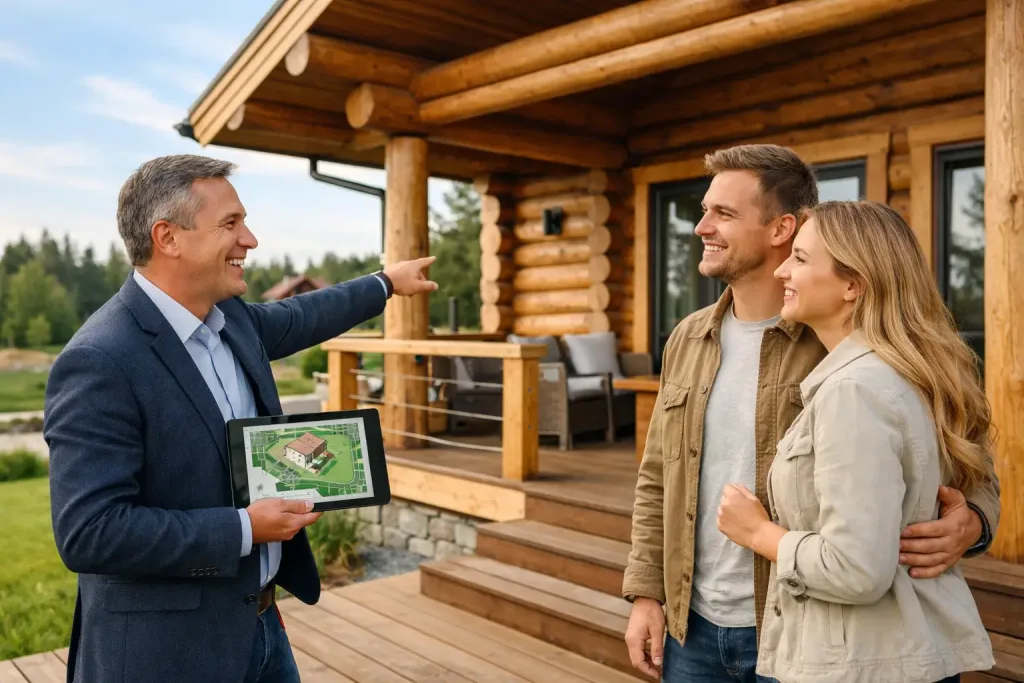 Риелтор показывает клиенту загородный деревянный дом и участок