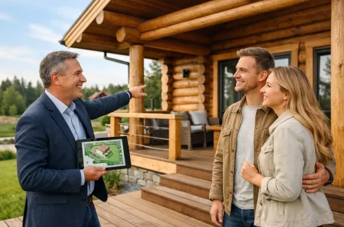 Риелтор показывает клиенту загородный деревянный дом и участок