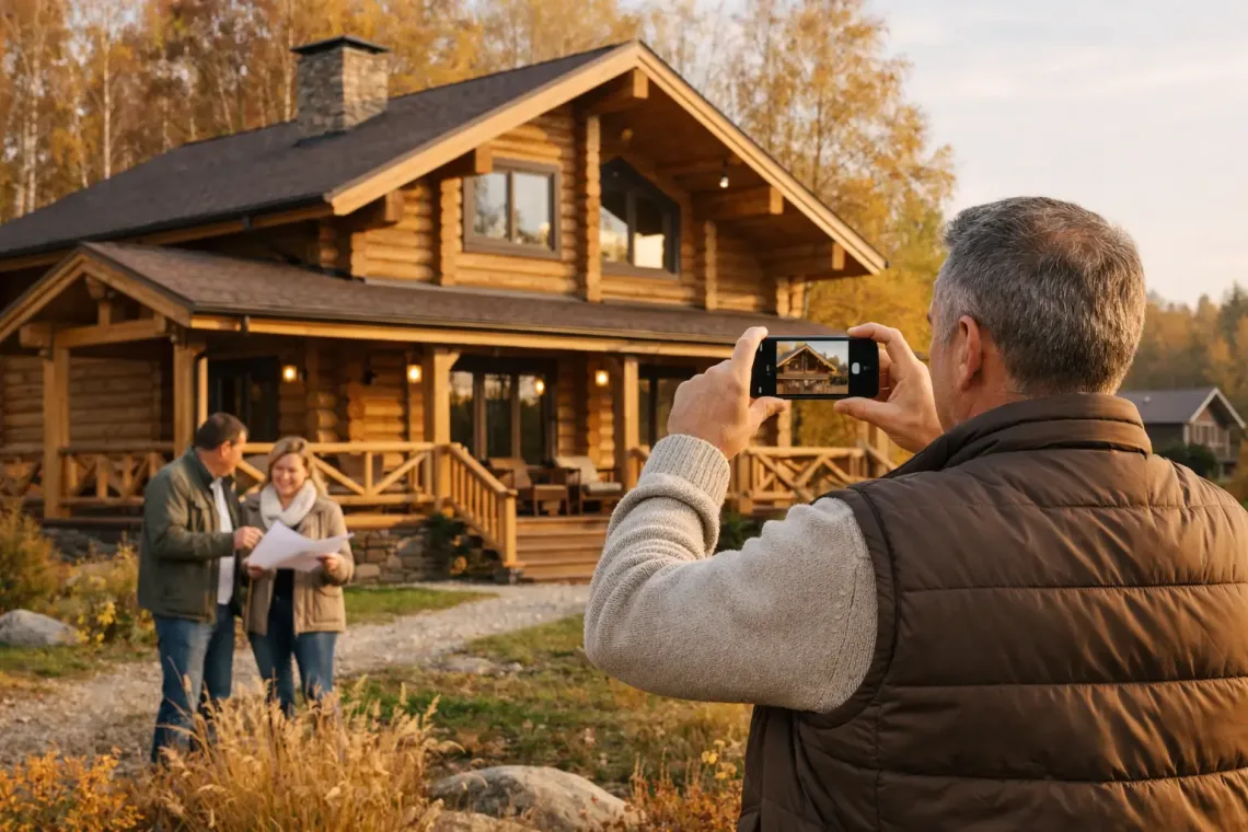 Инвестор оценивает загородный деревянный дом на участке