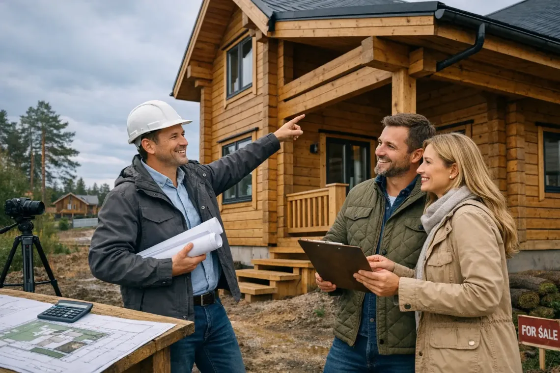 Архитектор объясняет особенности деревянного дома клиенту