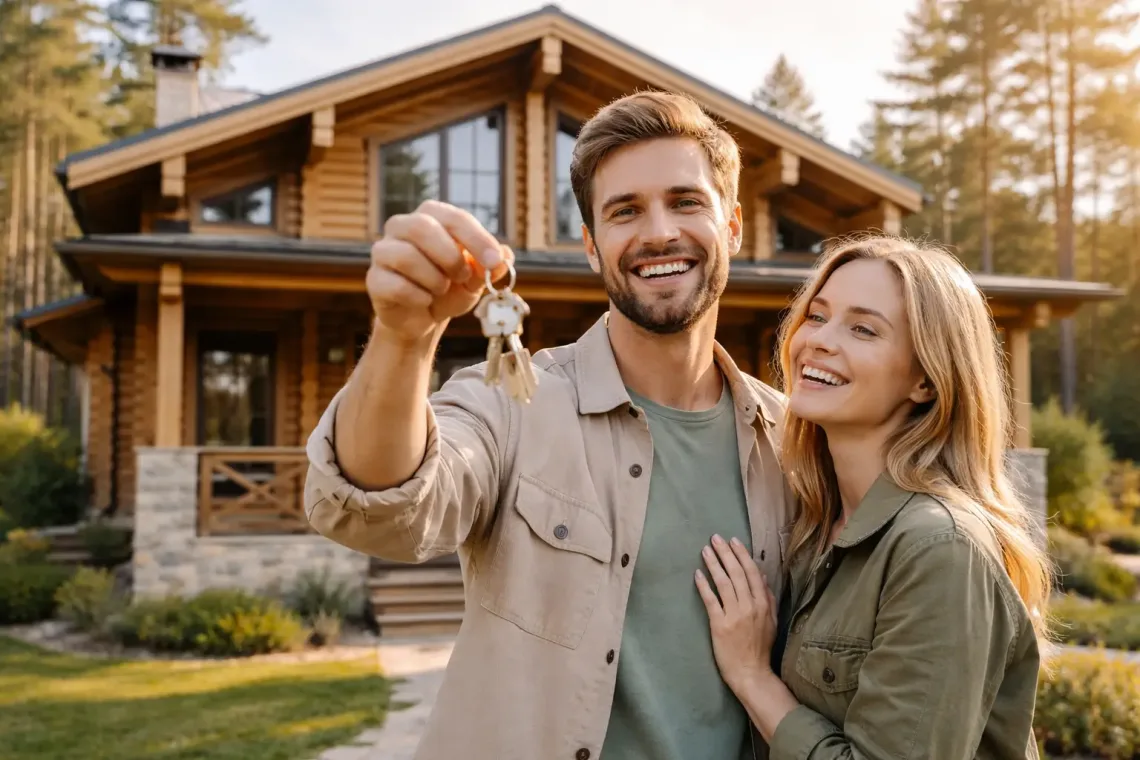 Ключи от загородного деревянного дома в руках владельца
