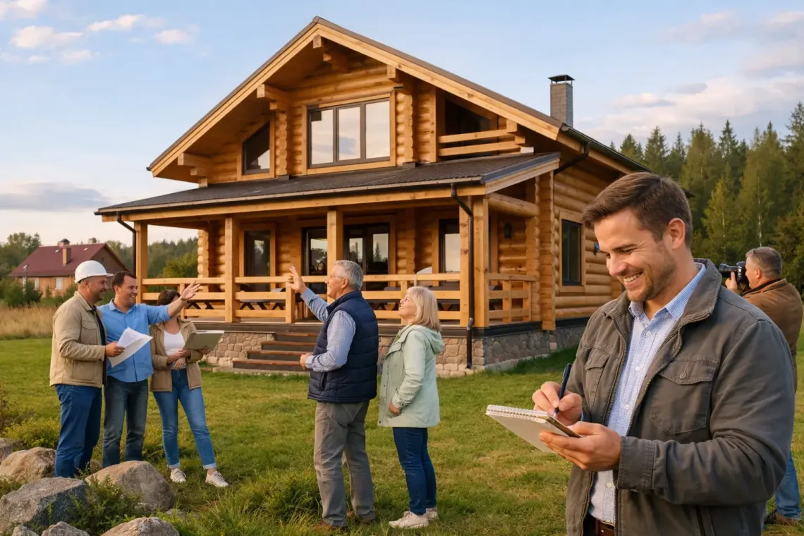 Осмотр загородного деревянного дома на участке