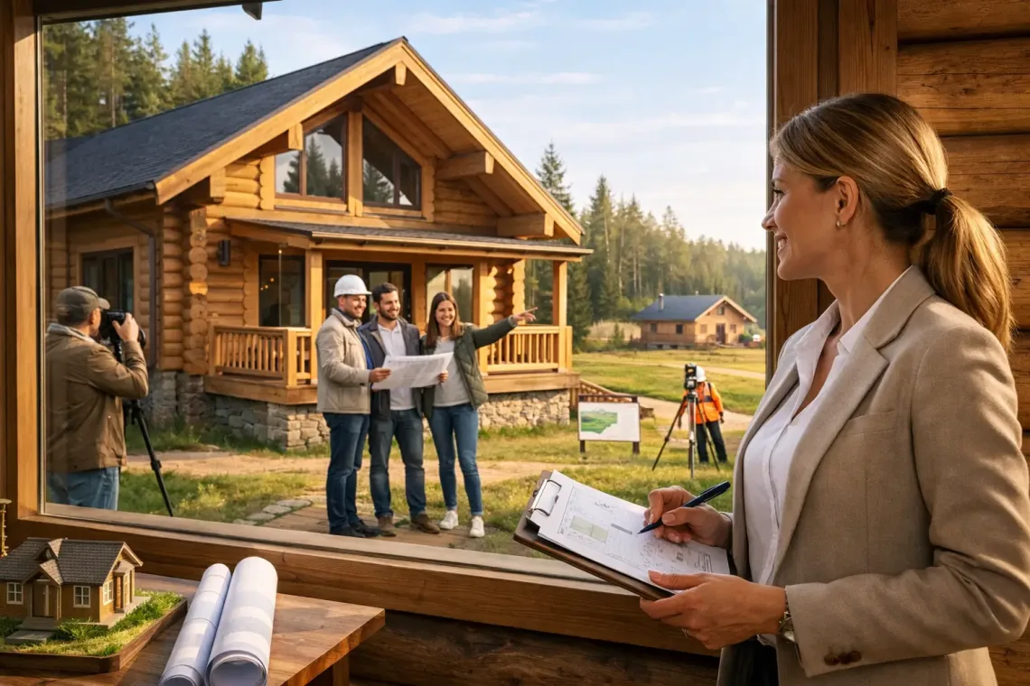 Инвестор оценивает участок из окна деревянного дома